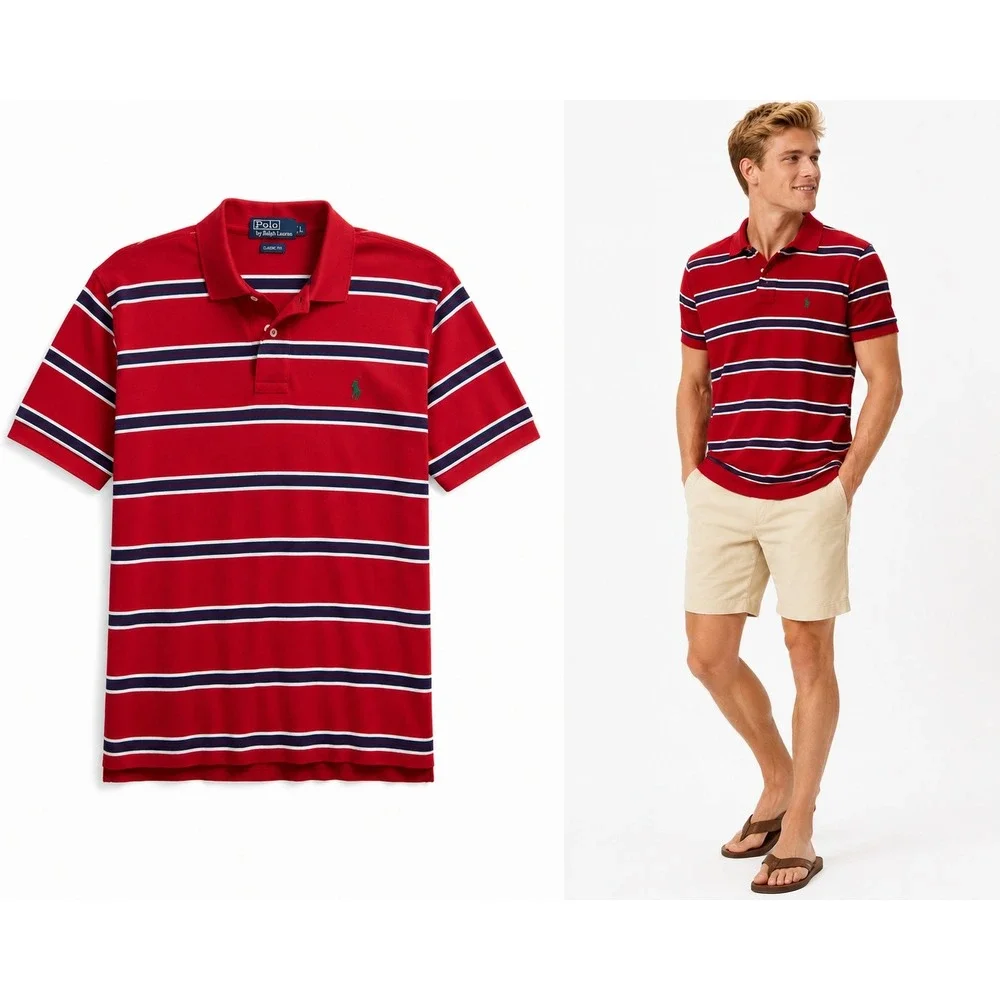 Polo Ralph Lauren Mens Red Striped Short Sleeve Cotton‎ Pique Polo Shirt Large